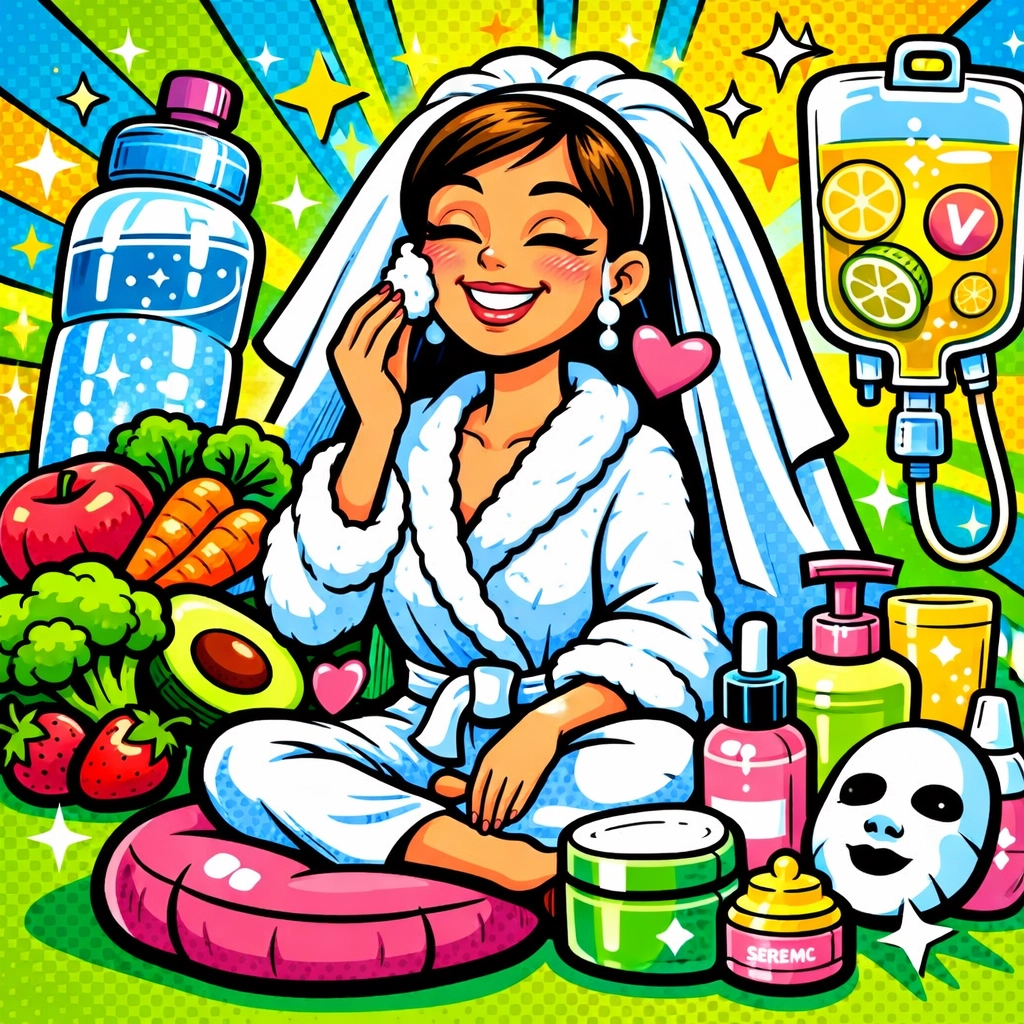Happy bride with holistic wellness routine including IV therapy hydration and skincare products