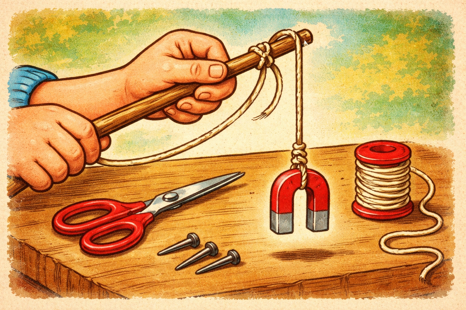 Step-by-step assembly of a kids’ magnet fishing pole with string and magnet, ready for play