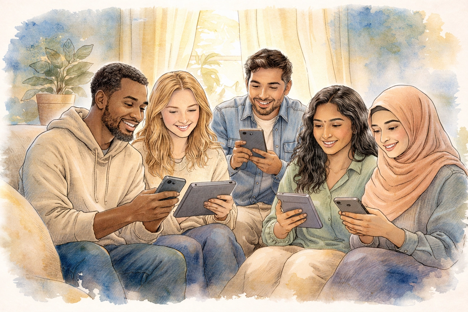 يجتمع أشخاص متنوعون في غرفة معيشة مريحة، ويبنون الثقة والتواصل الاجتماعي عبر الإنترنت بعد انتقالهم إلى مدينة جديدة.