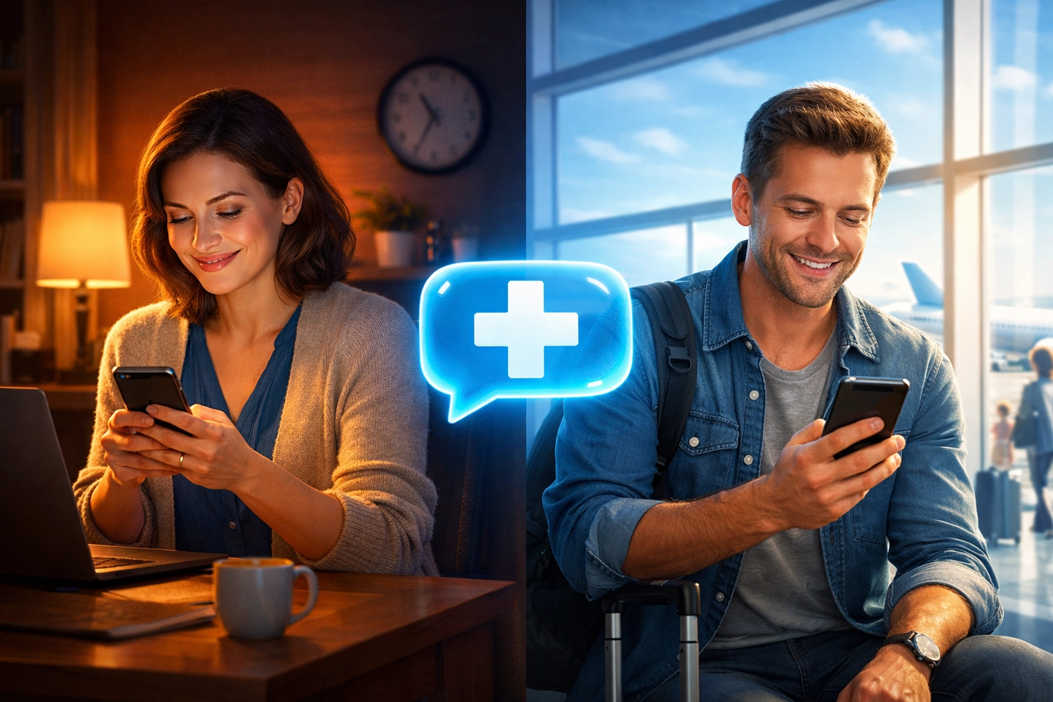 Travelers and home users accessing 24/7 online doctor consultations via secure medical chat.