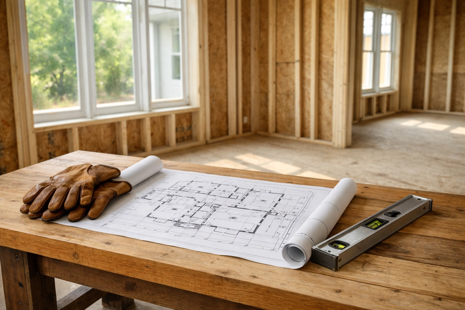 Professional staging area with blueprints and tools inside a custom home under construction by Columbia home builders.