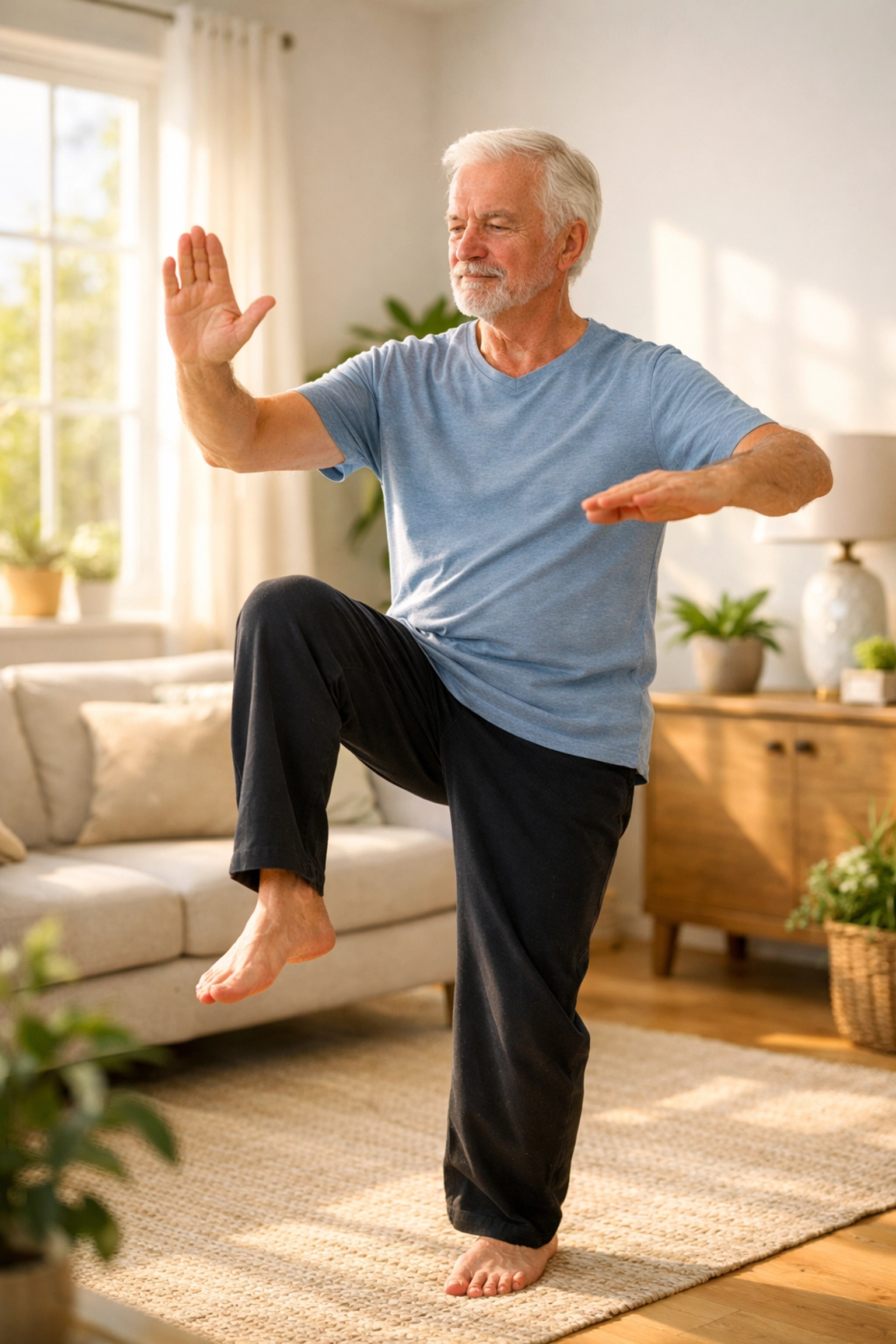 Senior man practicing Tai Chi in a bright living room to improve balance and coordination for fall prevention.