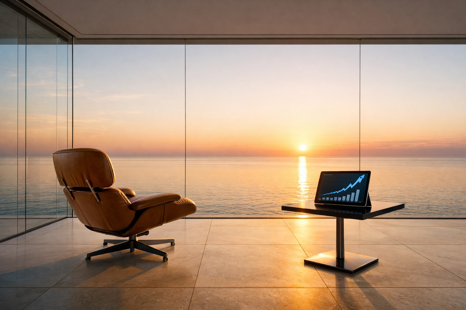 Peaceful executive office with a growth chart representing the freedom of a scaled business.