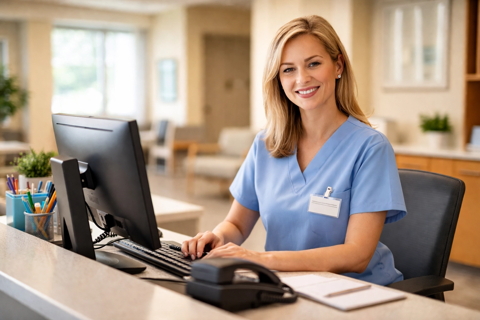 Medical front desk training shown by receptionist at an organized clinic workstation, enhancing patient flow and service.