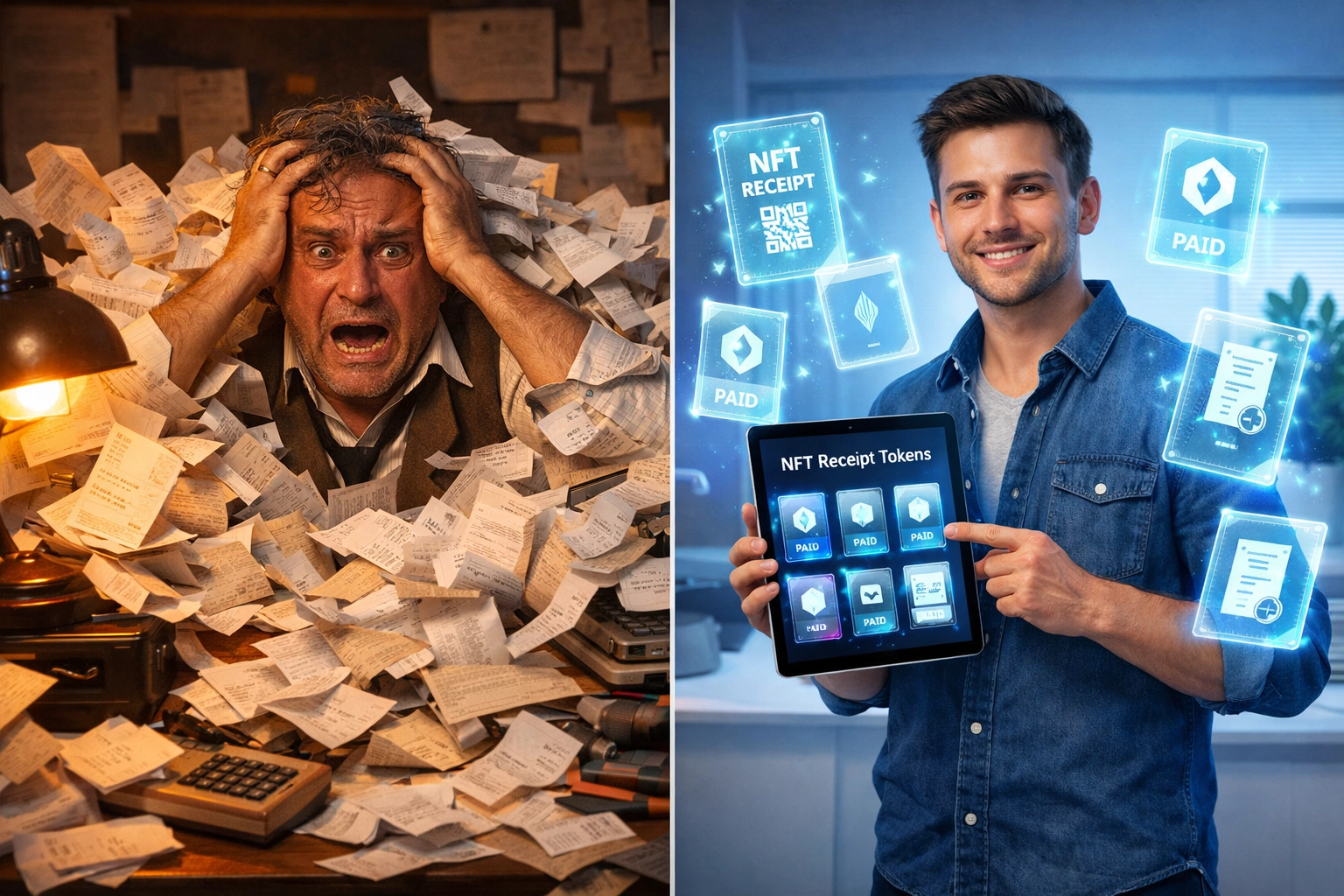 Traditional paper receipts versus NFT blockchain receipt tokenization comparison