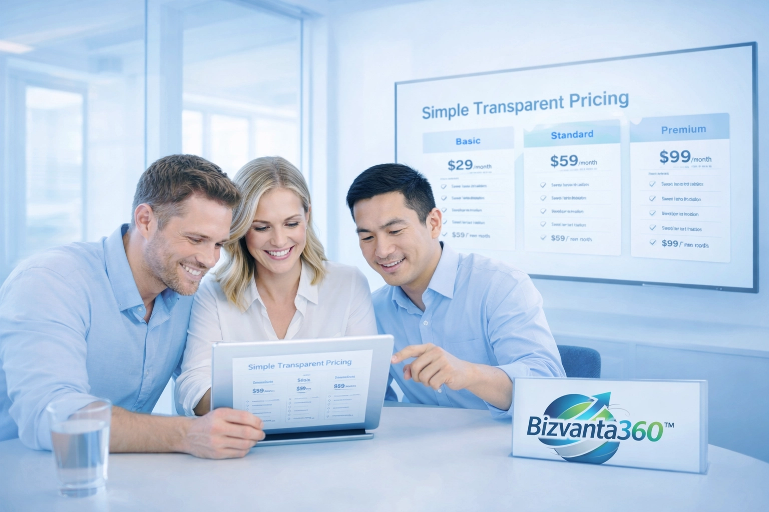 Diverse startup team in a bright modern office reviewing transparent flat-rate pricing on a tablet; clean, airy consulting vibe with subtle blue overlay and Bizvanta360™ logo integrated.