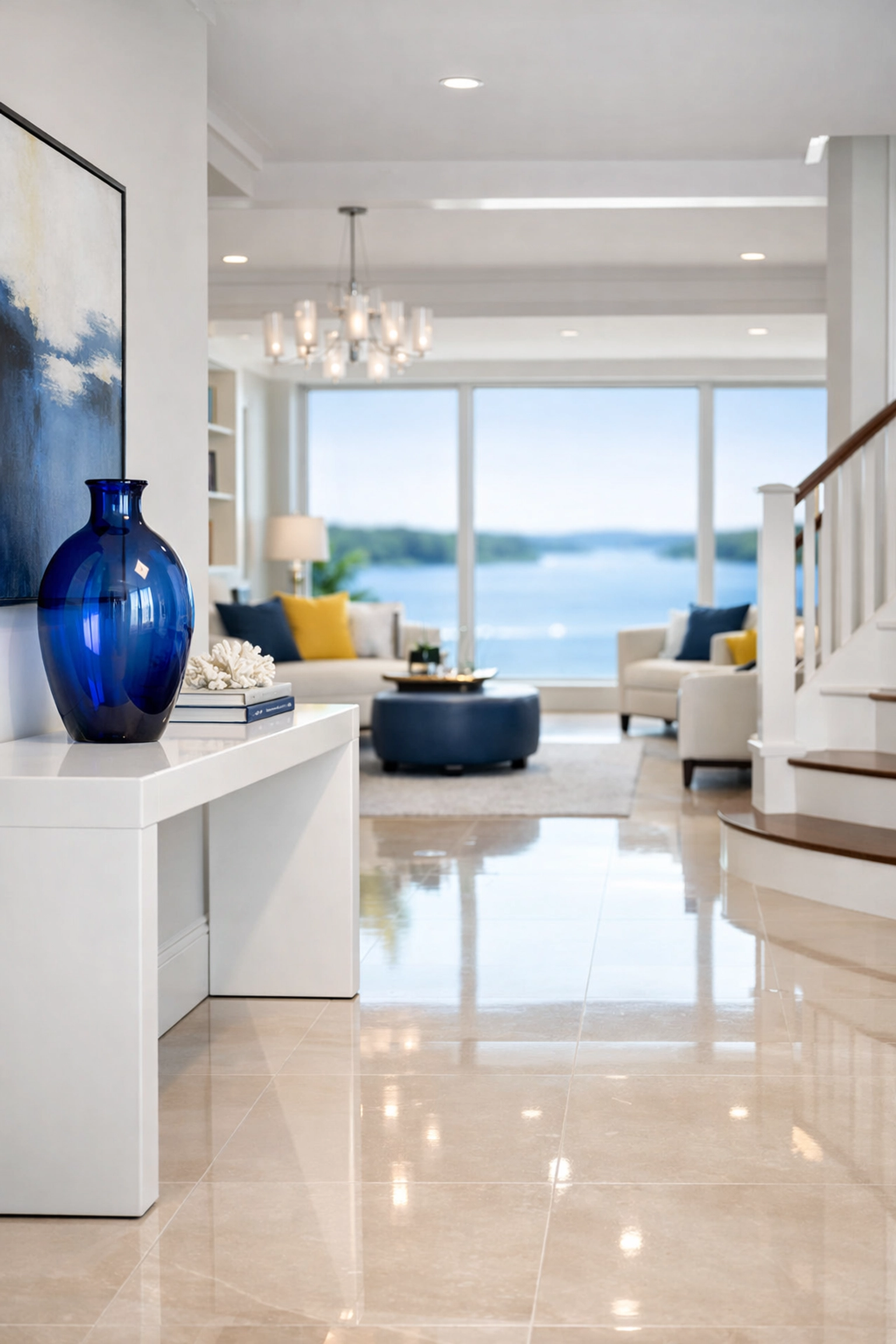 Polished floors in a luxury Lake Quinsigamond home entryway showcasing detailed cleaning standards.