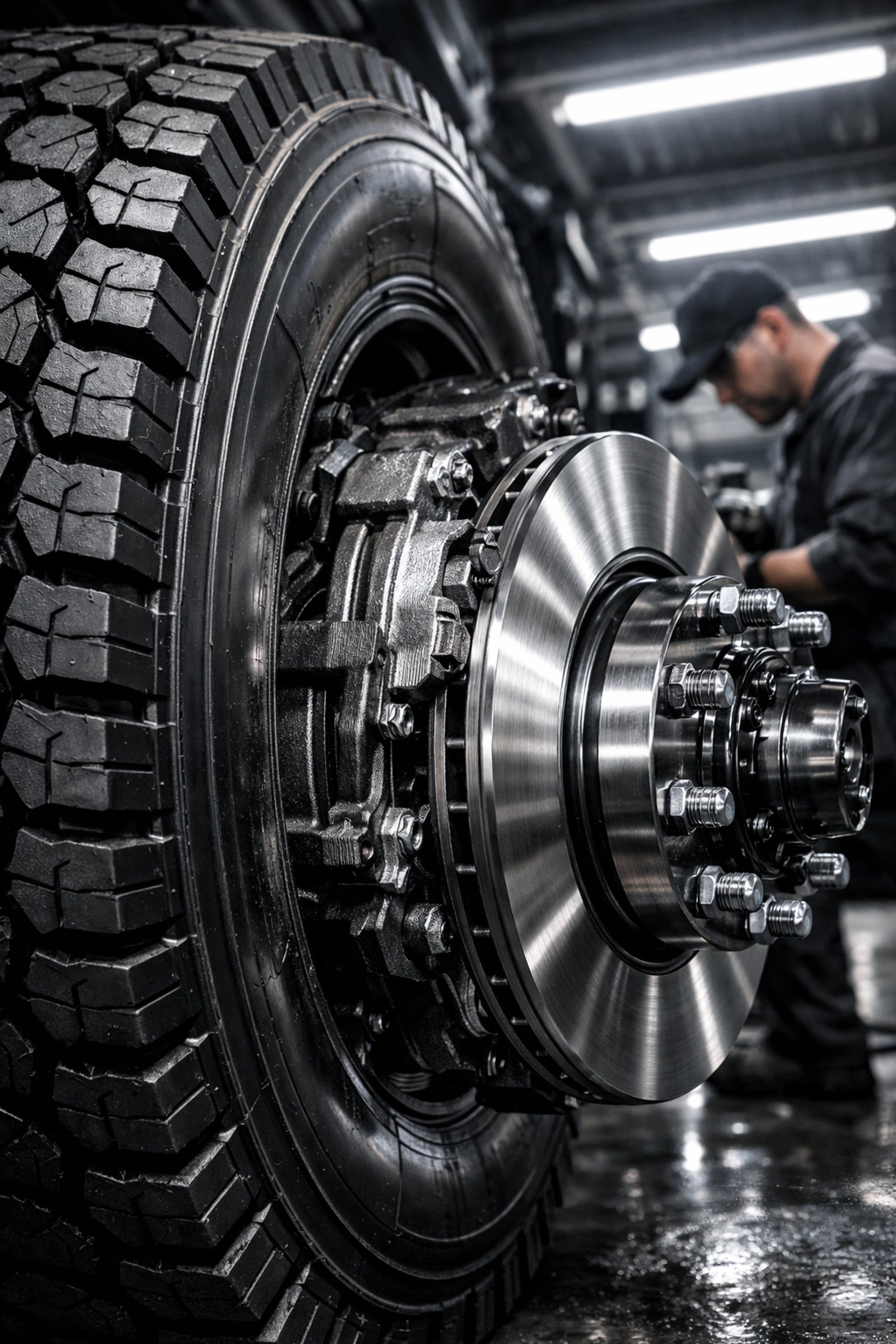 Detailed view of a heavy-duty truck tire and brake assembly during a professional fleet maintenance inspection.