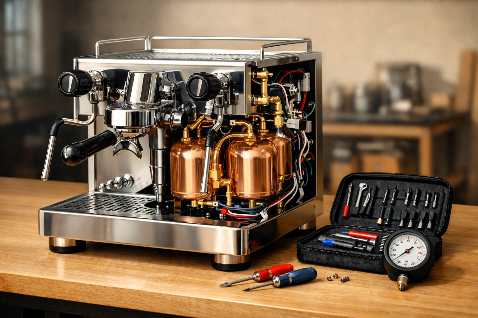 Technical maintenance of a commercial espresso machine showing internal boiler systems and expert support.