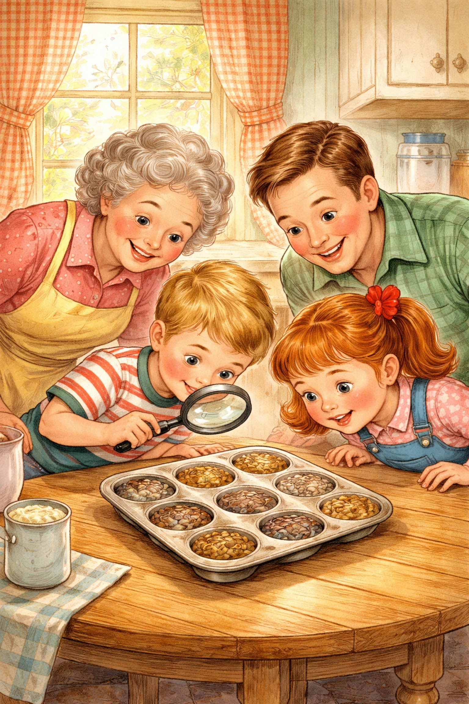 Family playing a mystery seed guessing game around a kitchen table, discovering different seeds together