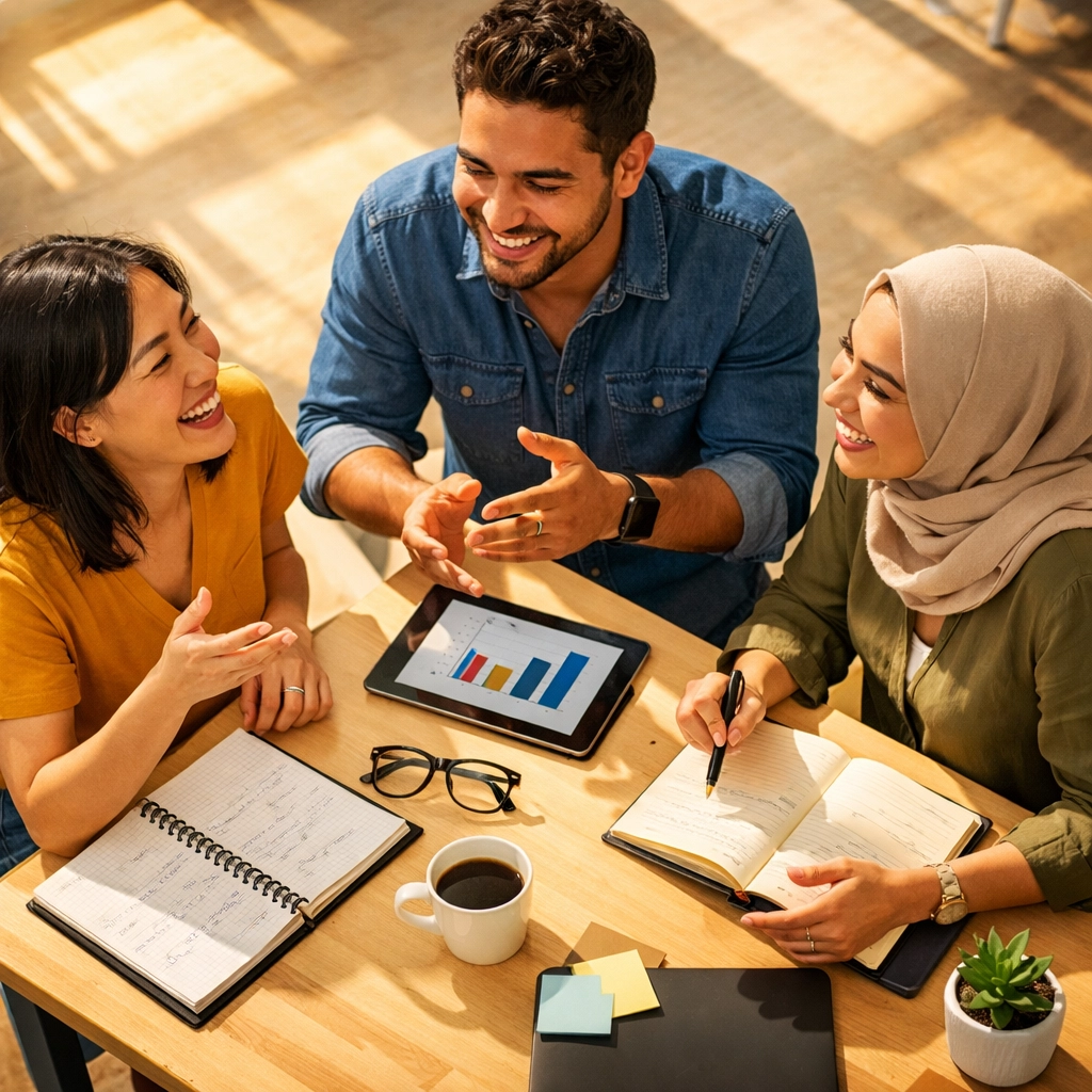 Diverse team collaborating at standing desk during productive afternoon work session