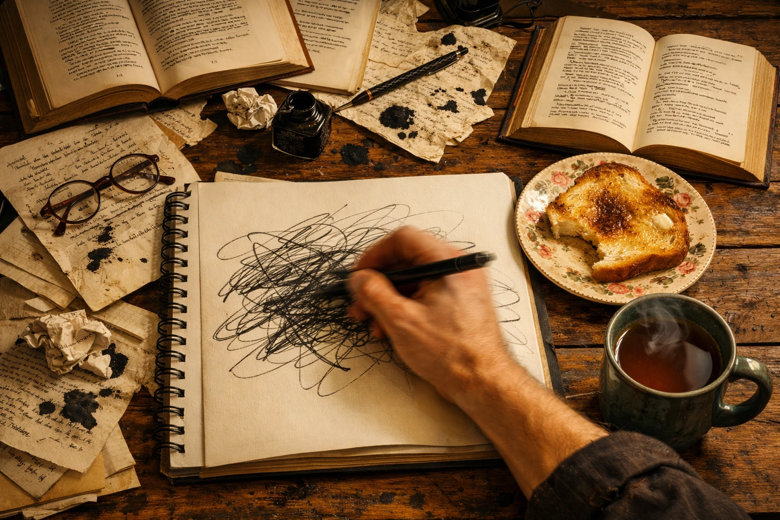 Student practicing the blurting active recall technique at a desk for A Level English revision.