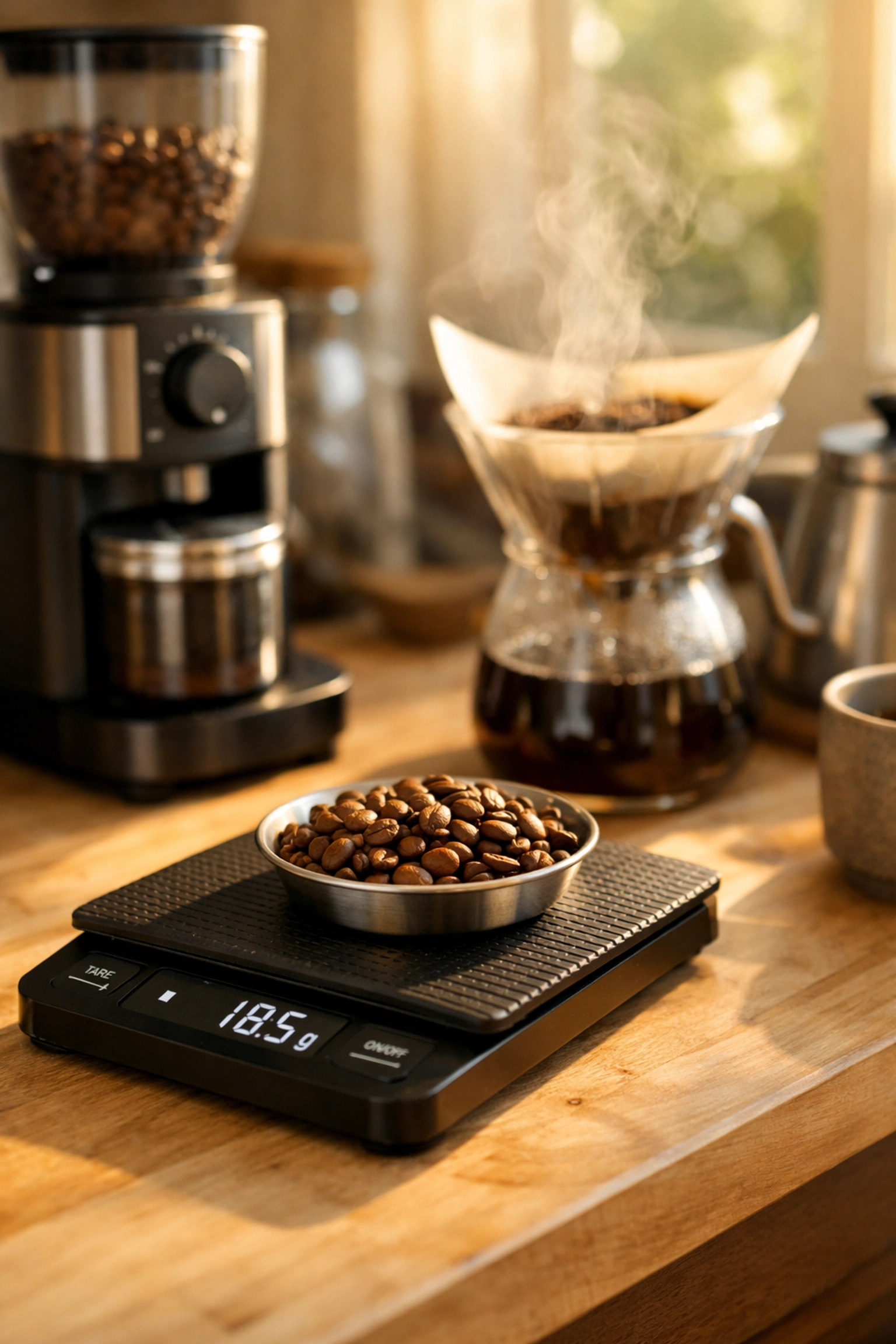 Home coffee brewing station with precision scale measuring beans for efficient brewing