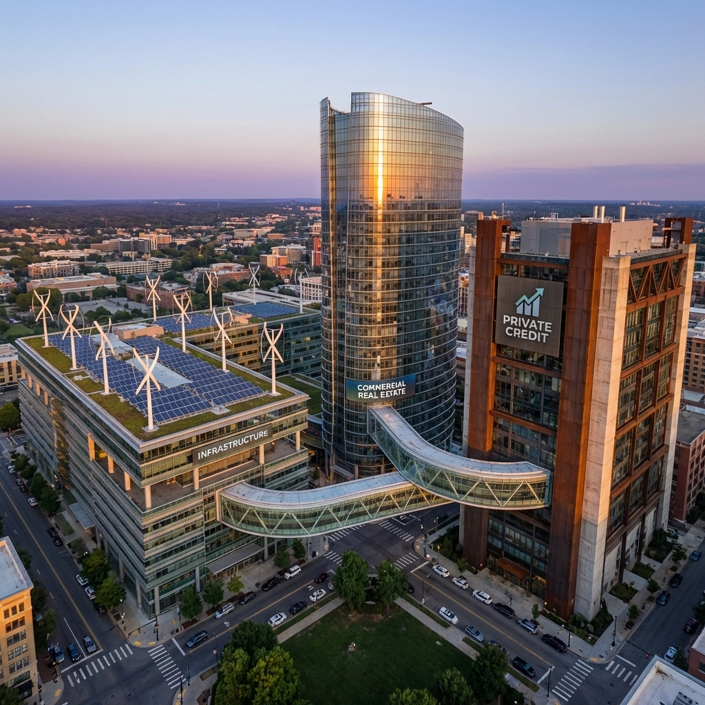 Aerial view of modern buildings representing infrastructure, real estate, and private credit in portfolio diversification.