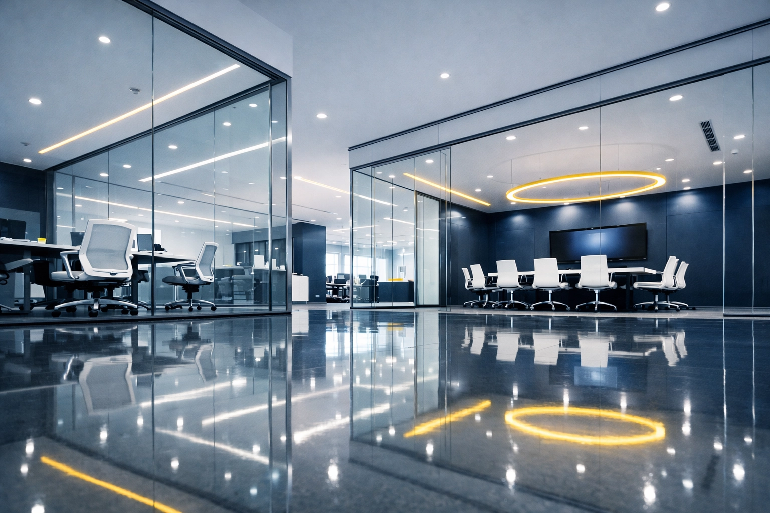 Spotless Lexington MA office cleaning featuring crystal clear glass partitions and polished floors.