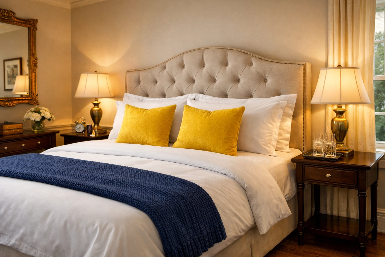 Perfectly staged guest bedroom in a Concord Airbnb with crisp linens and professional care.