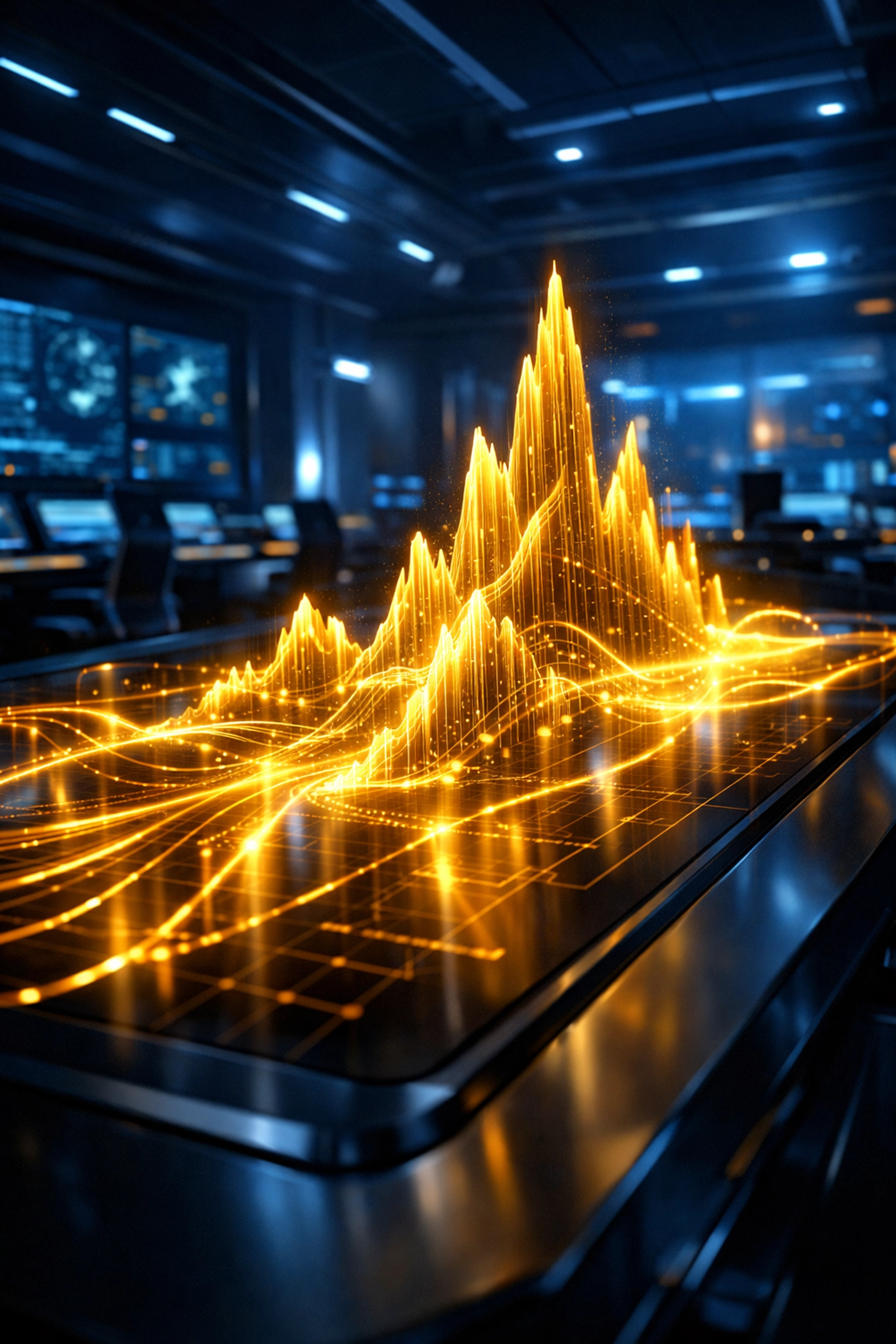 Glowing digital mountains of growth in a modern workspace, illustrating unstoppable small business economic momentum.