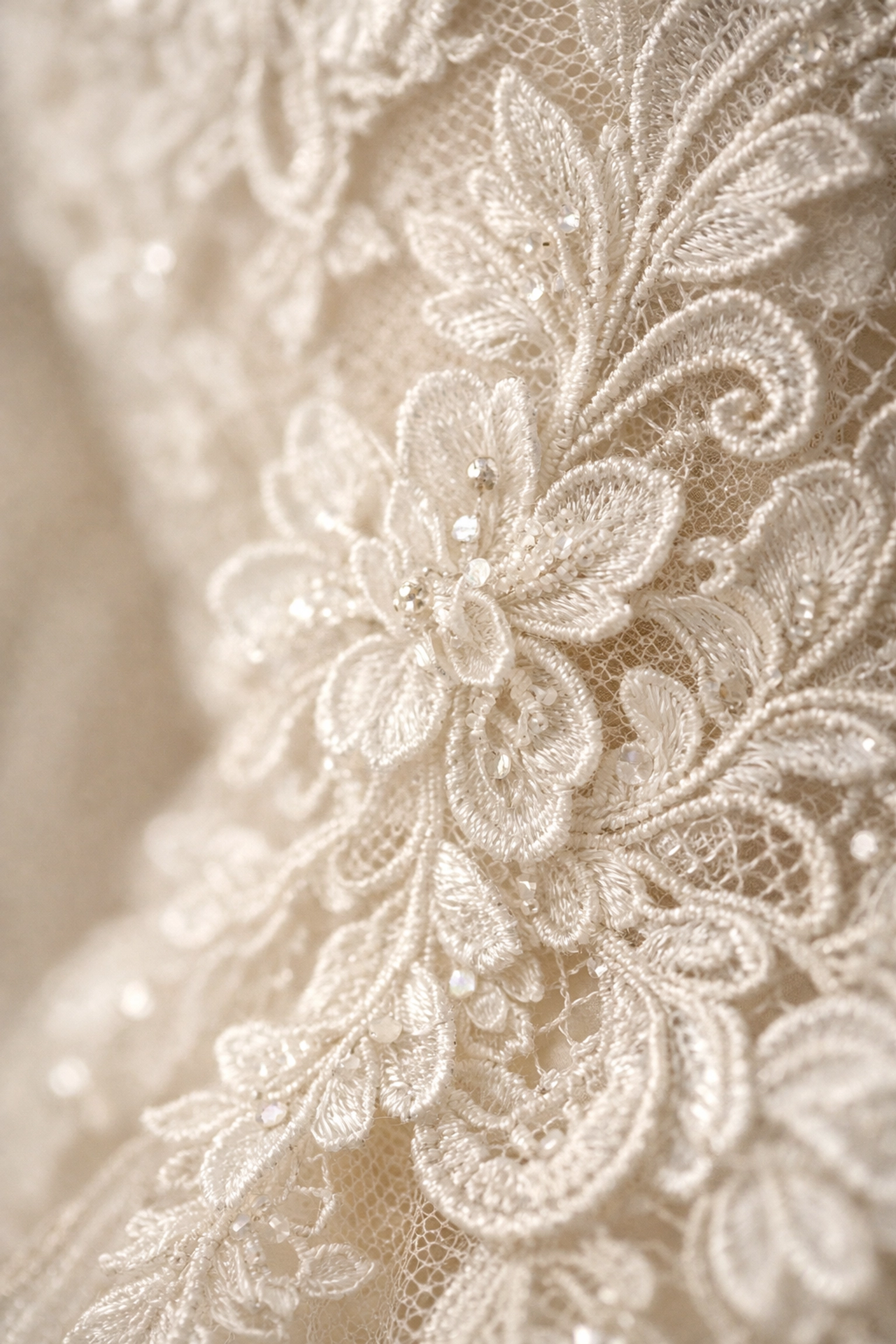 Sharp macro photography of bridal lace dress showing fine texture and professional detail.
