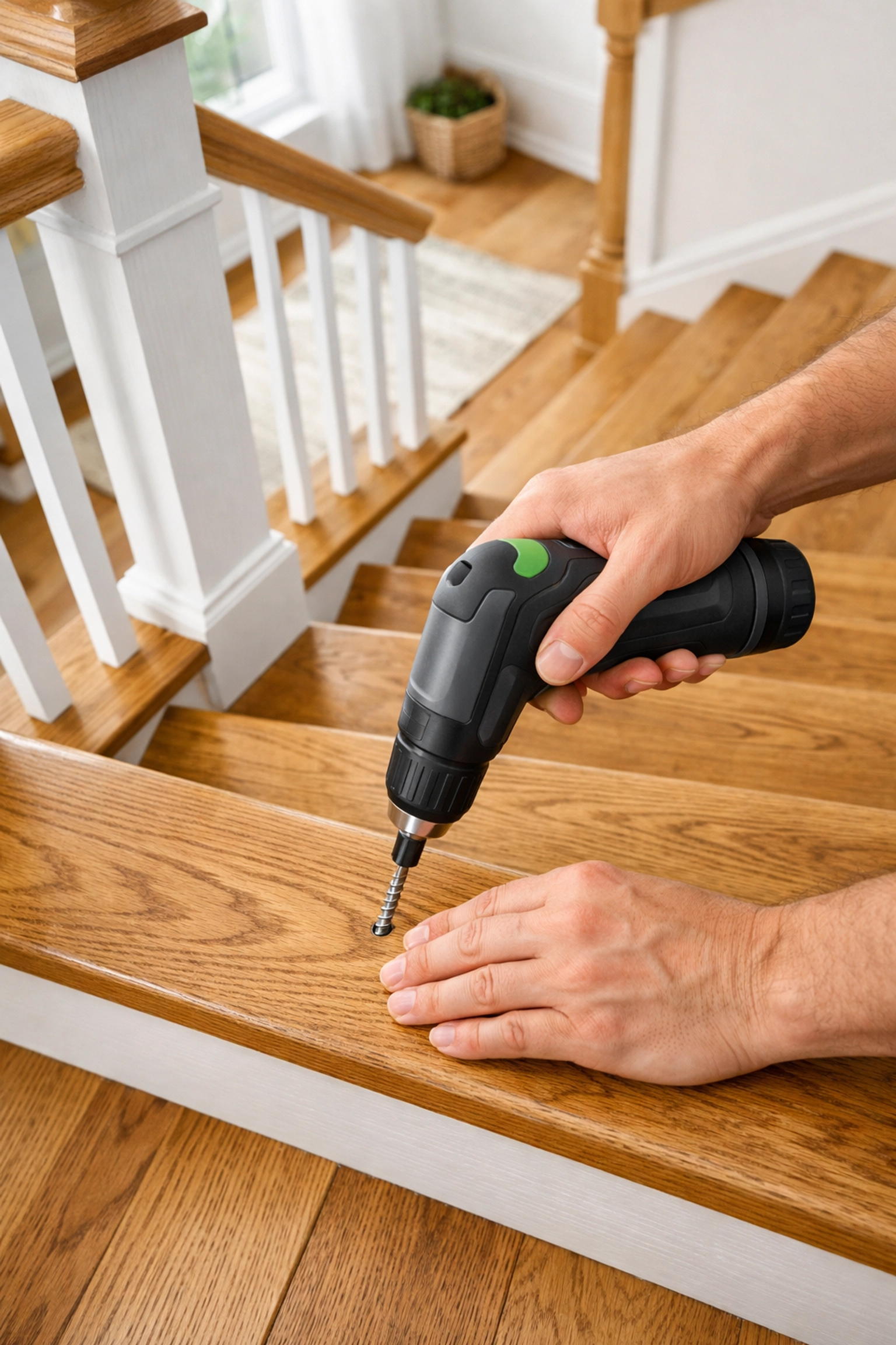 Securing a wooden stair tread with a screwdriver to fix loose steps and prevent falls.