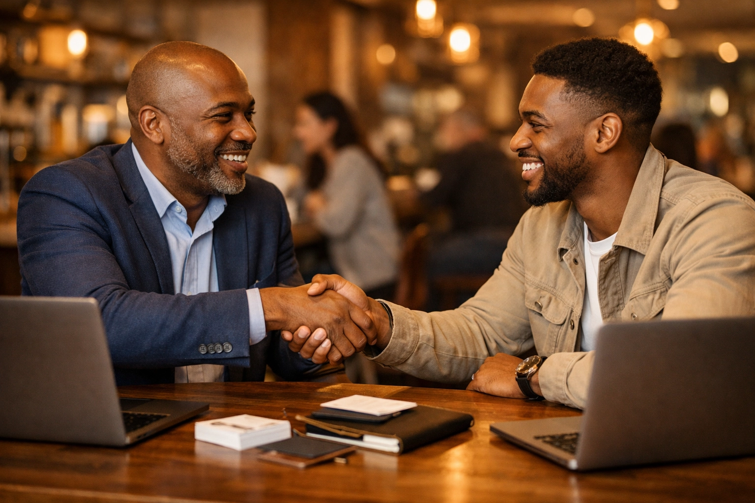 Black business mentor shaking hands with young entrepreneur during coffee shop meeting