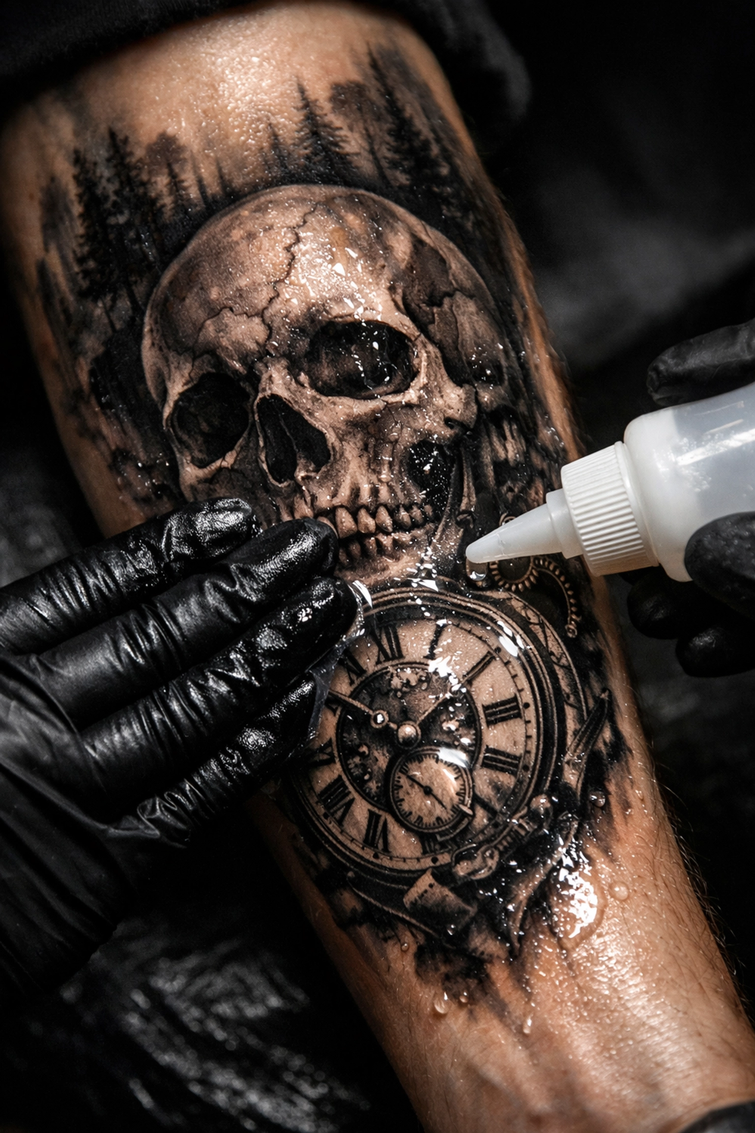 Professional application of aftercare product on fresh black and grey realism tattoo
