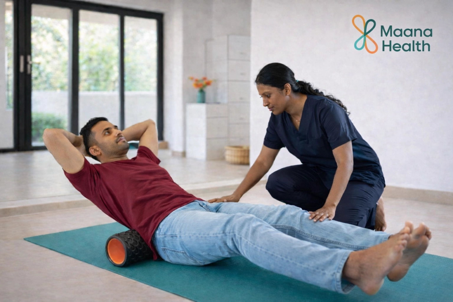 Patient using foam roller with physical therapist
