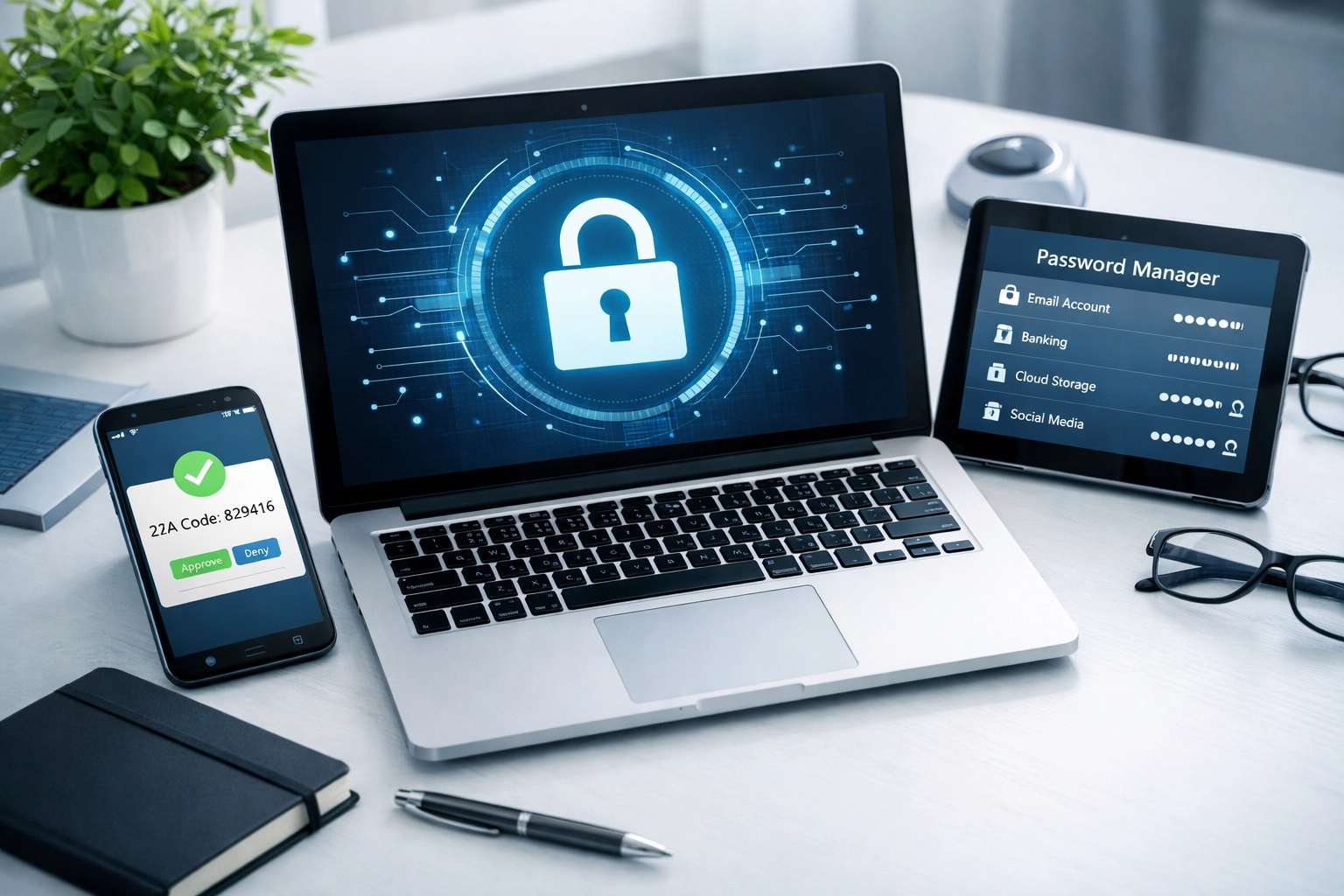 Secure home office with laptop showing two-factor authentication for wire fraud prevention