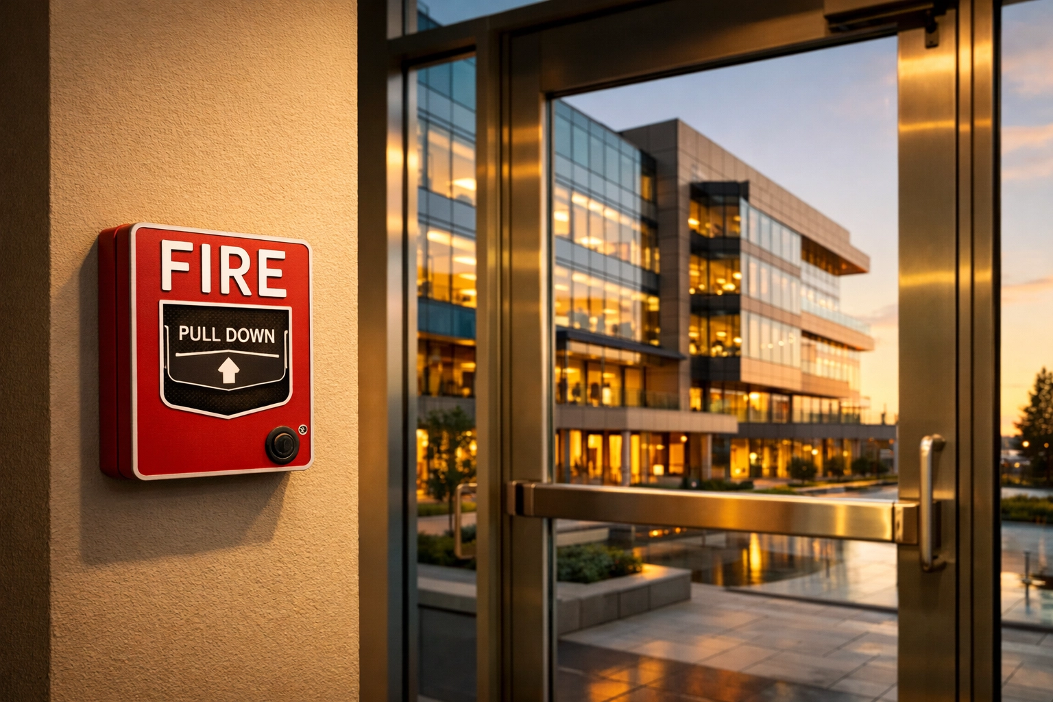 Modern commercial building in Ontario with fire alarm pull station near exit door