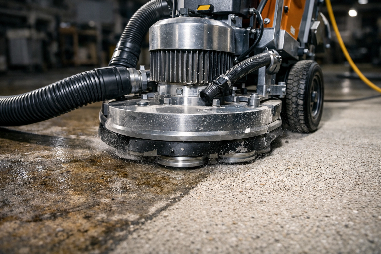 Professional concrete floor preparation using an industrial diamond grinder for maximum coating adhesion.