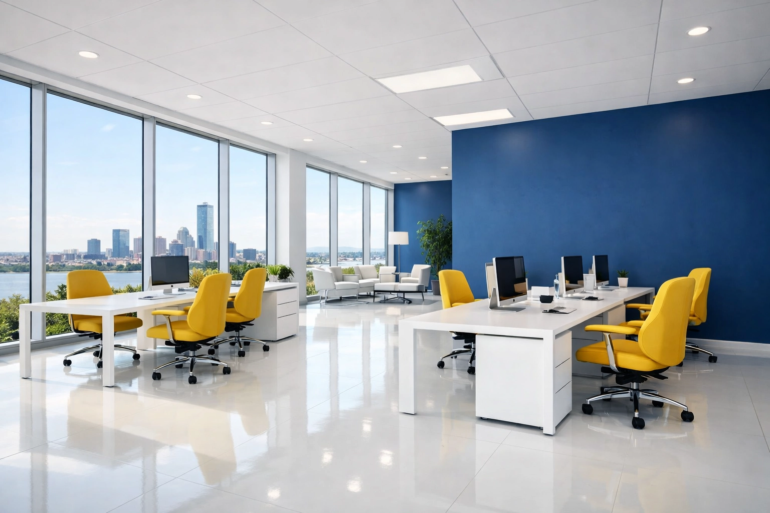 Clean and modern Massachusetts office suite featuring bright windows and a healthy workspace environment.
