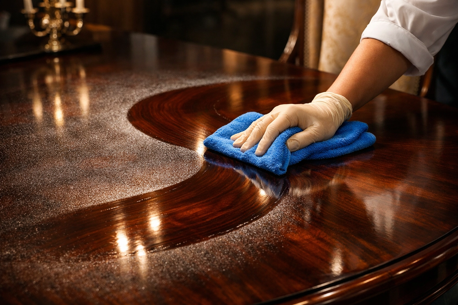 Professional hand wiping a wood table in an S-pattern for a streak-free deep clean in Newton Massachusetts.