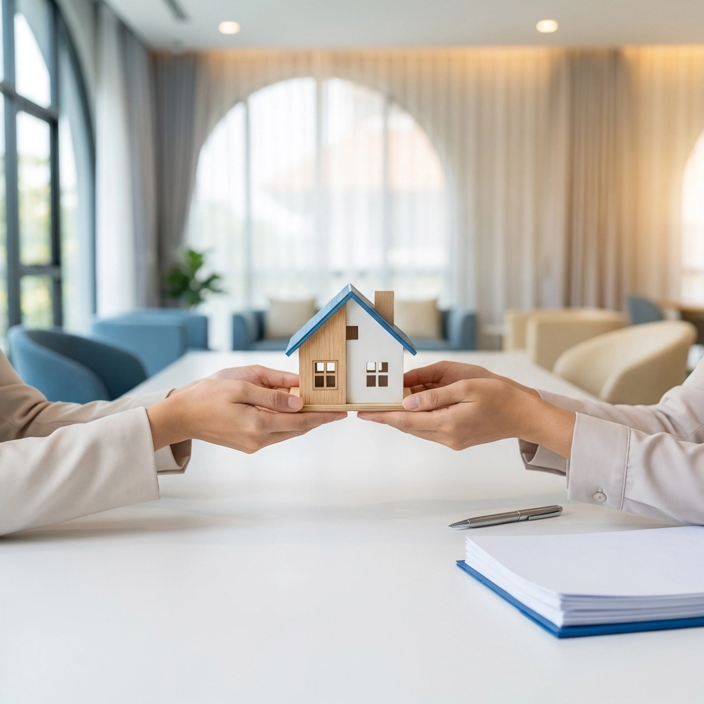 Hands exchanging a model house during a home purchase, representing secure title insurance transactions.