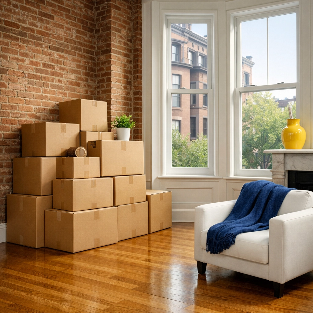 Organized Boston apartment move-out featuring a clean brownstone interior with stacked boxes.
