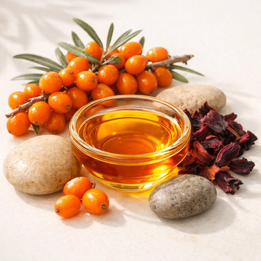 Sea buckthorn oil and hibiscus flowers for natural barrier repair