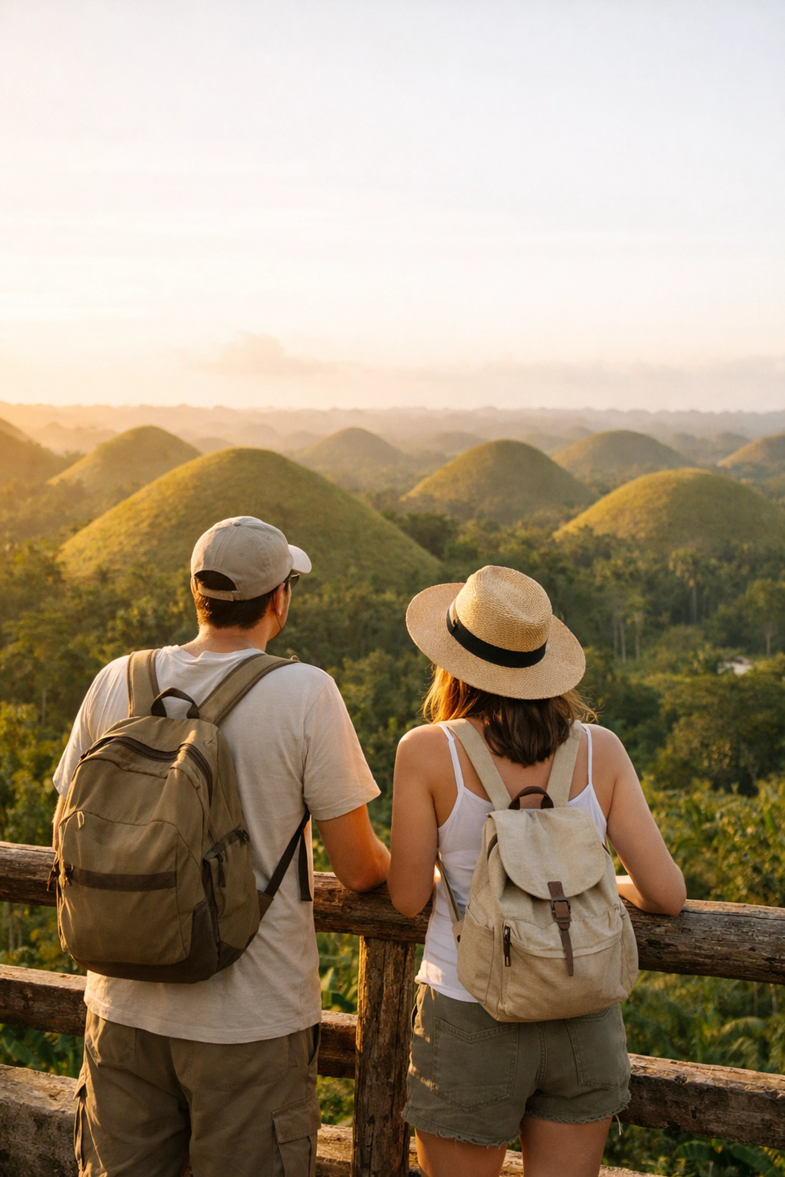 Travelers overlooking the iconic green Chocolate Hills of Bohol during a golden hour sunset.