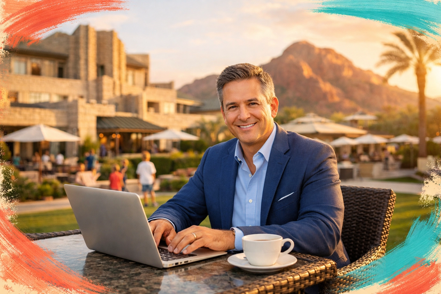 Executive working outdoors at Biltmore Resort with Camelback Mountain views in Phoenix Arizona Executive working outdoors at Biltmore Resort with Camelback Mountain views in Phoenix Arizona