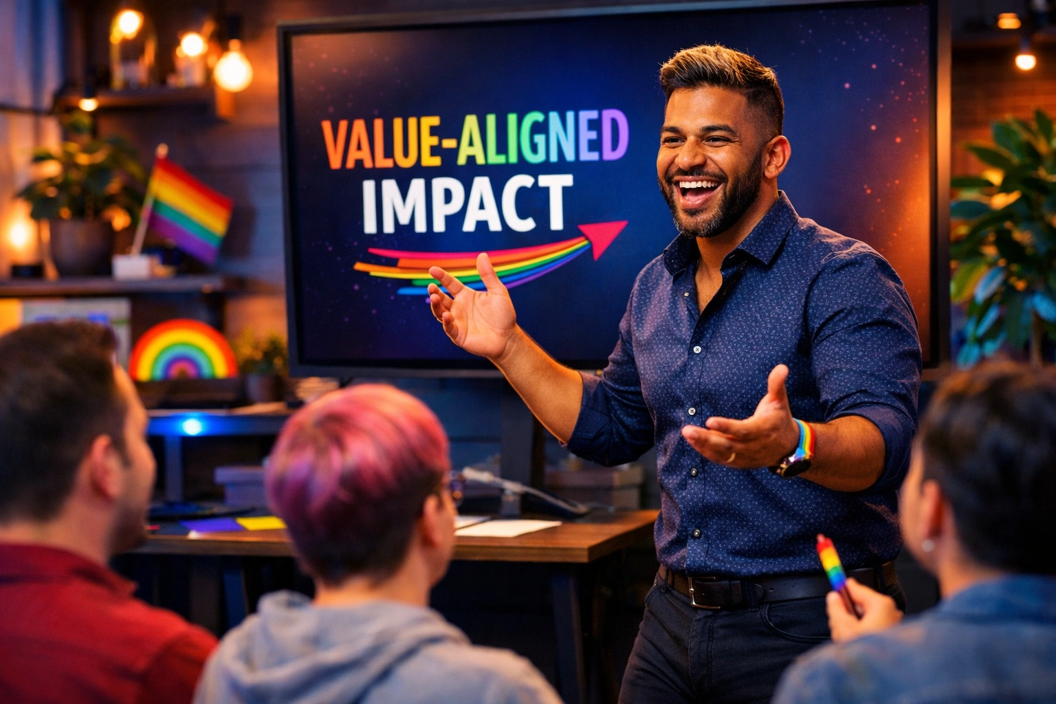 A gay professional presenting to his team, showcasing authentic leadership in the workplace.