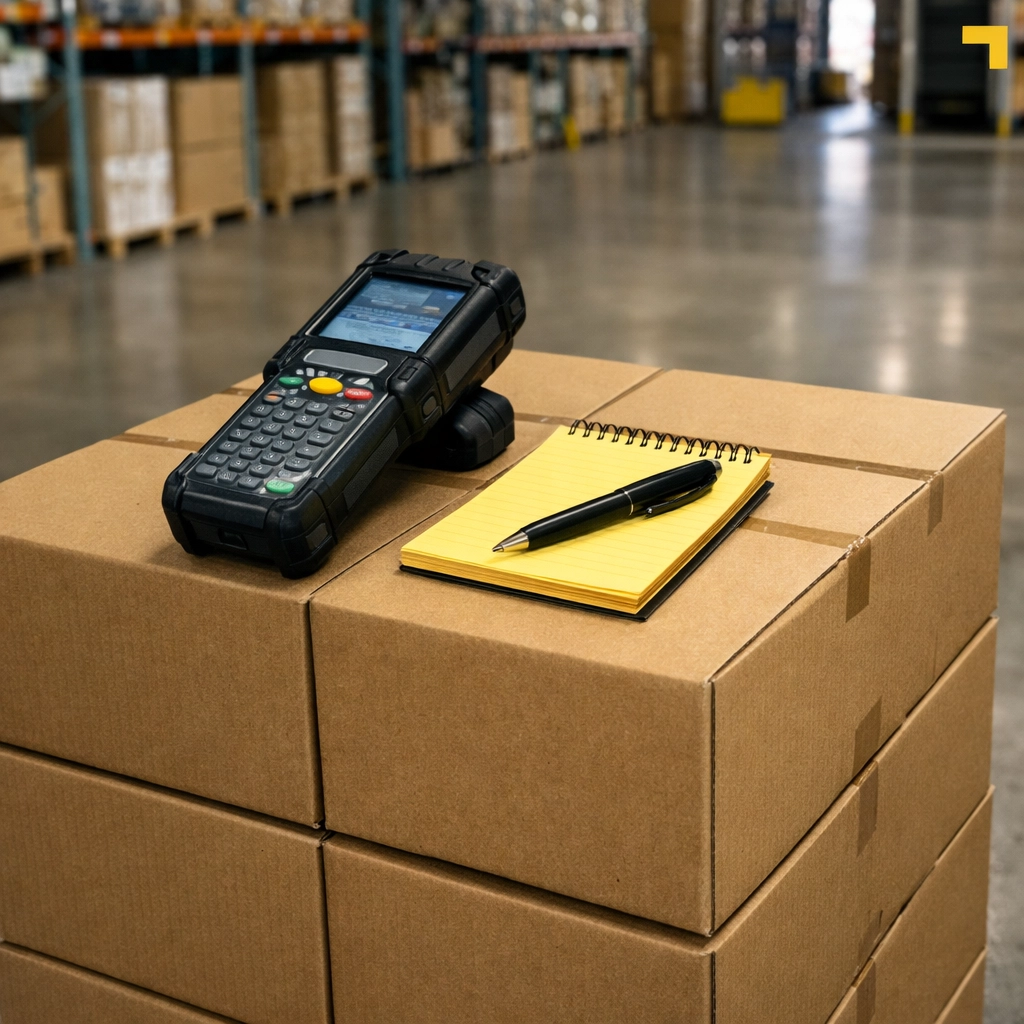 Vetting and inventory quality check of wholesale shipping boxes at a distribution center.