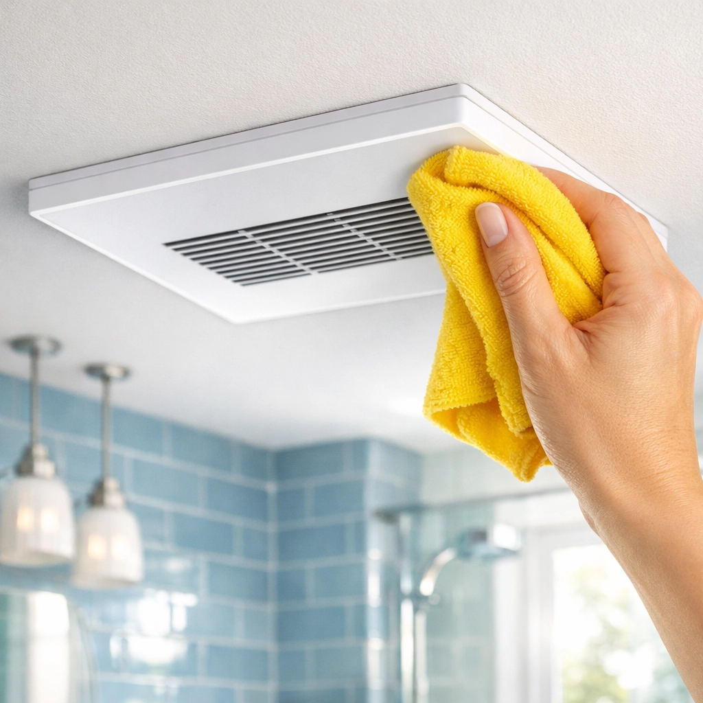 Hand cleaning a white bathroom exhaust fan grille with a yellow microfiber cloth to improve airflow.
