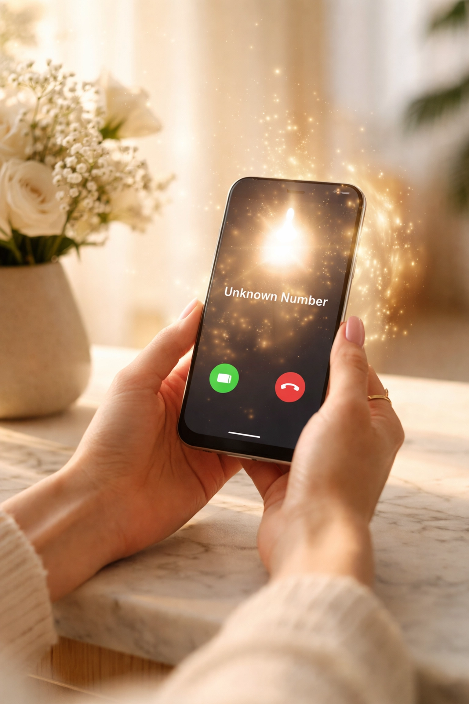 Woman holding smartphone with mysterious incoming call, illustrating spirits using electronics for contact.