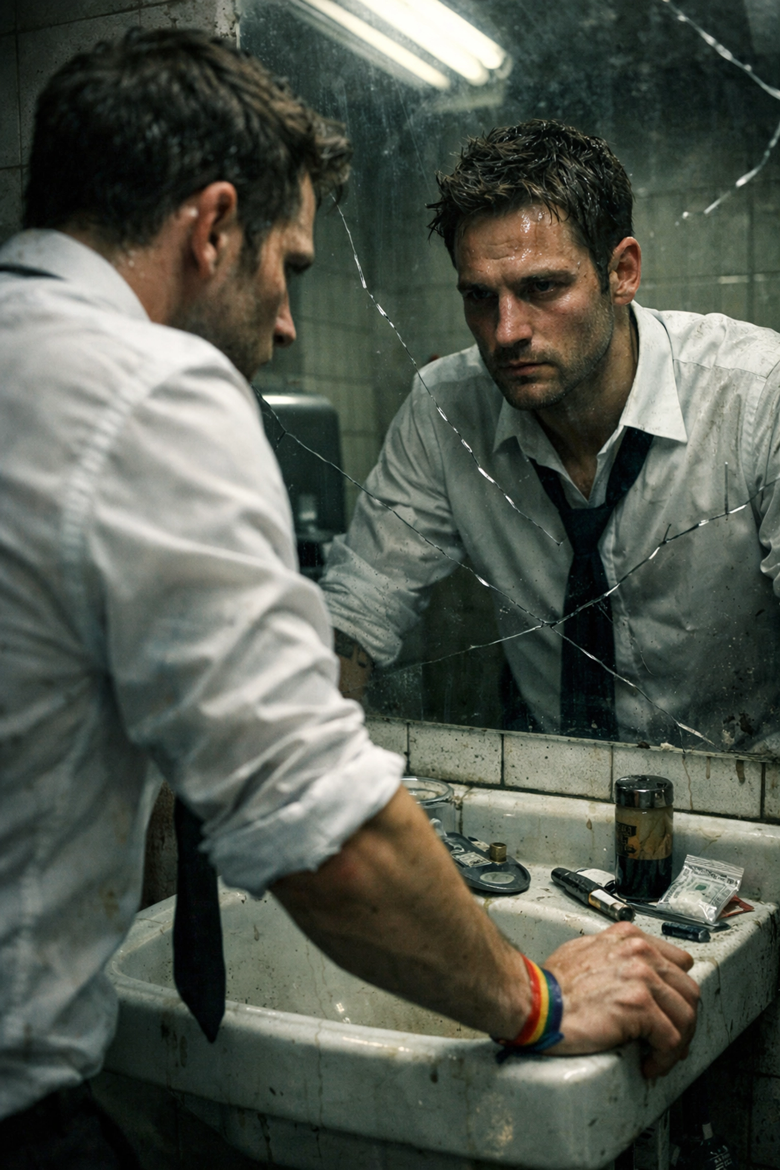 A stressed professional man in a white shirt staring into a mirror, hiding his secret addiction.