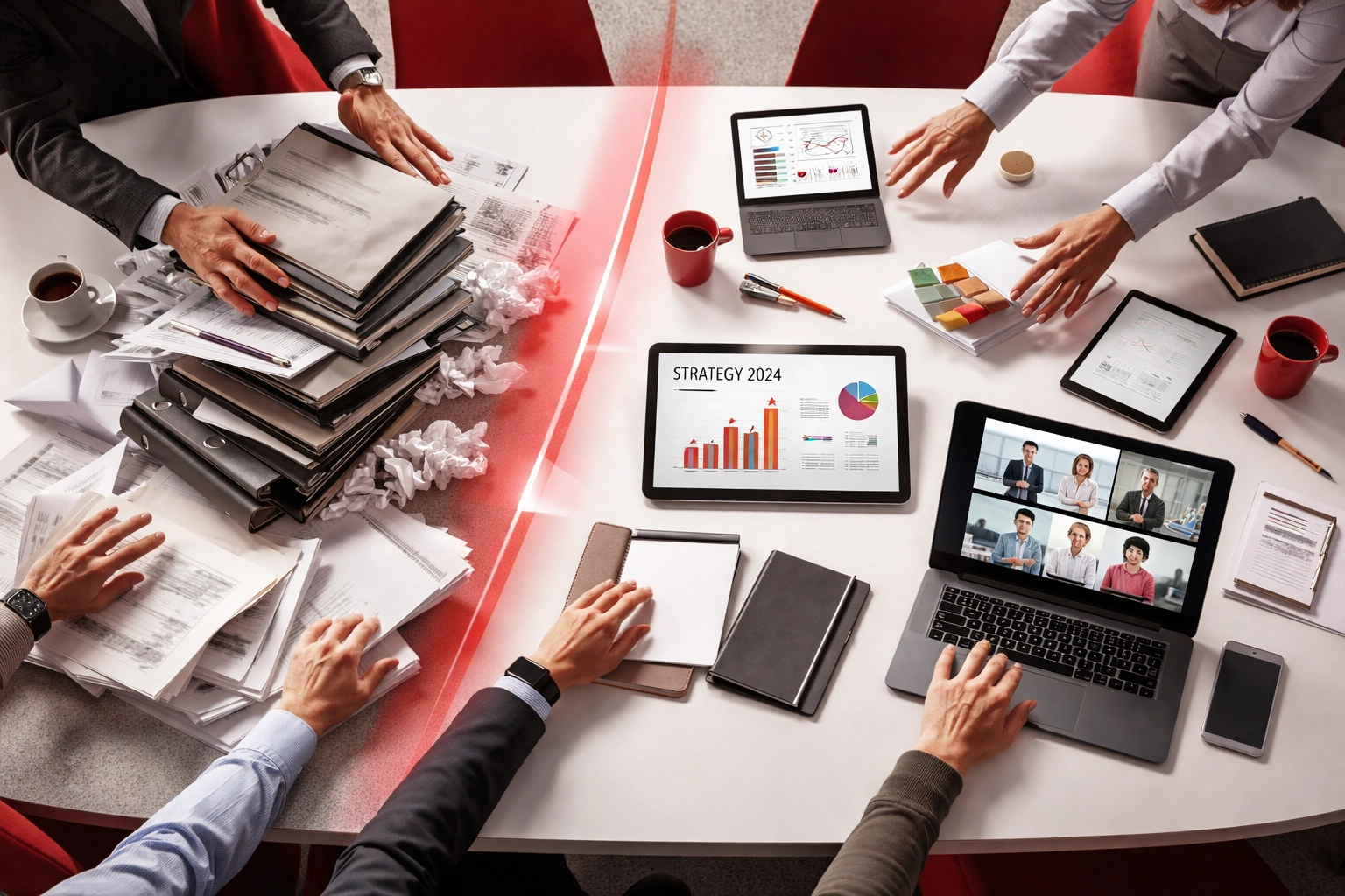 A conference table shows hands clearing old papers for modern tools, highlighting team transformation and new direction.