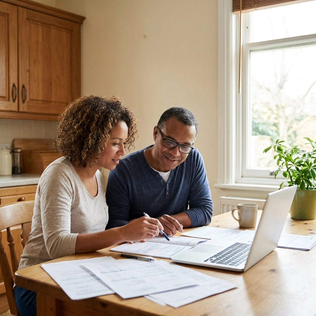 Middle-aged couple at kitchen table reviewing life insurance paperwork, focused on important health decisions.