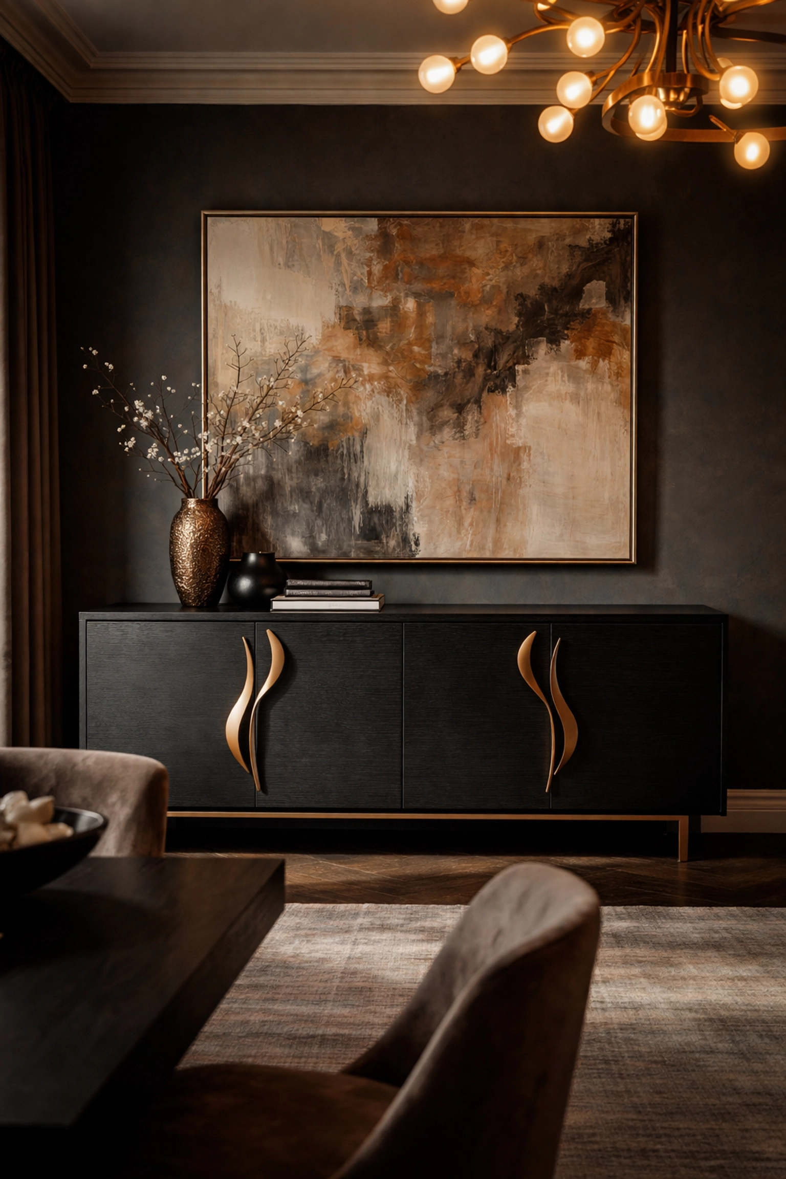 Custom black sideboard with bronze handles in an elegant dining room with moody ambient lighting