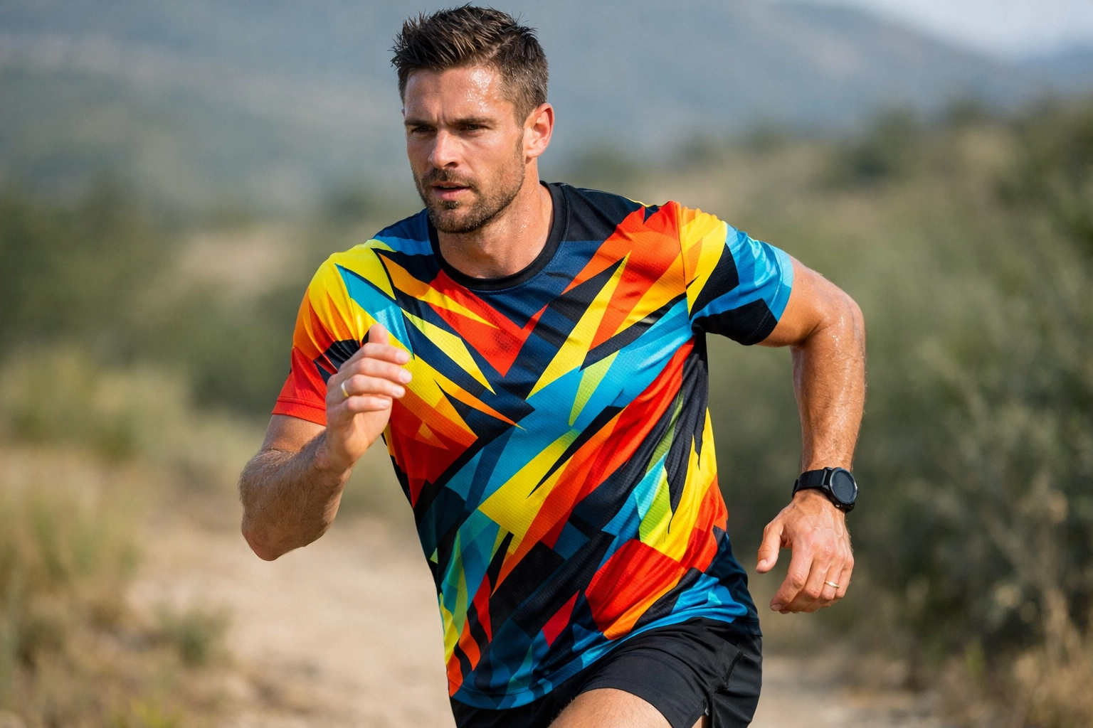 Athlete wearing vibrant sublimation printed athletic shirt during outdoor activity