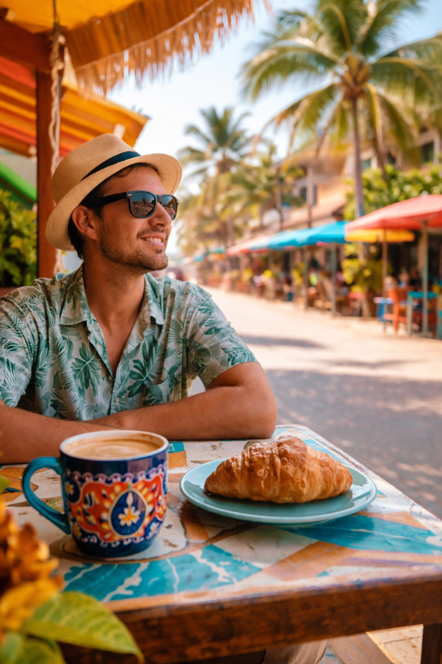 Tourist relaxing at a tropical outdoor café in Puerto Vallarta, highlighting walkable vacation rentals