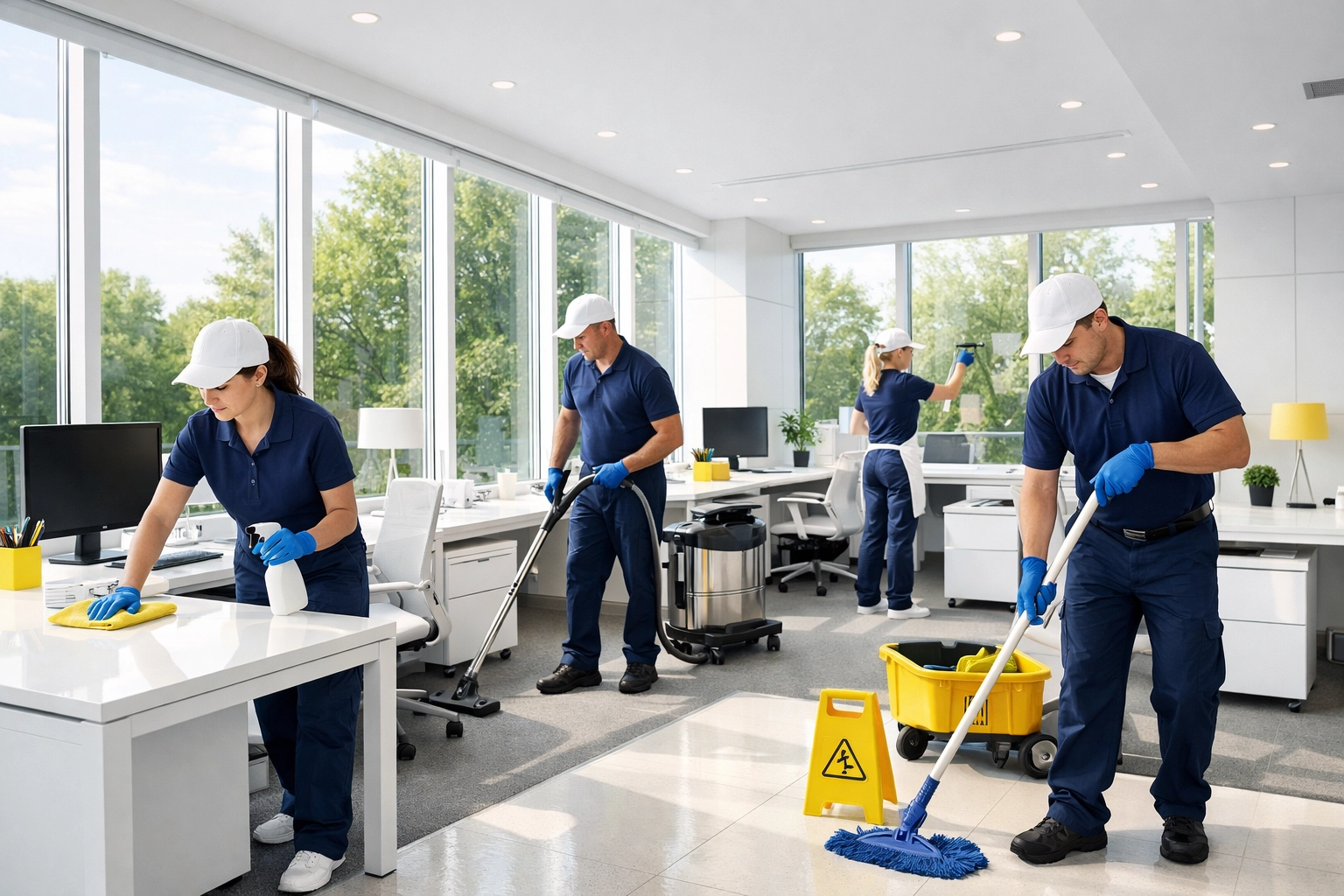 Professional crew providing commercial cleaning Carlisle in a modern, sun-drenched office suite.