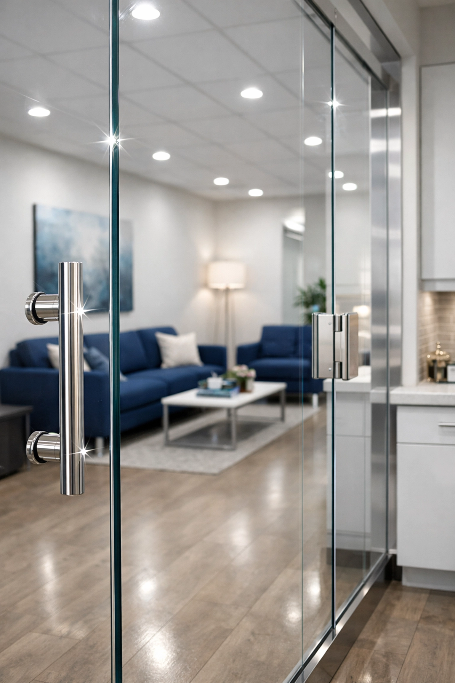 Sparkling clean glass partitions and steel fixtures in a professional Spencer MA office suite.
