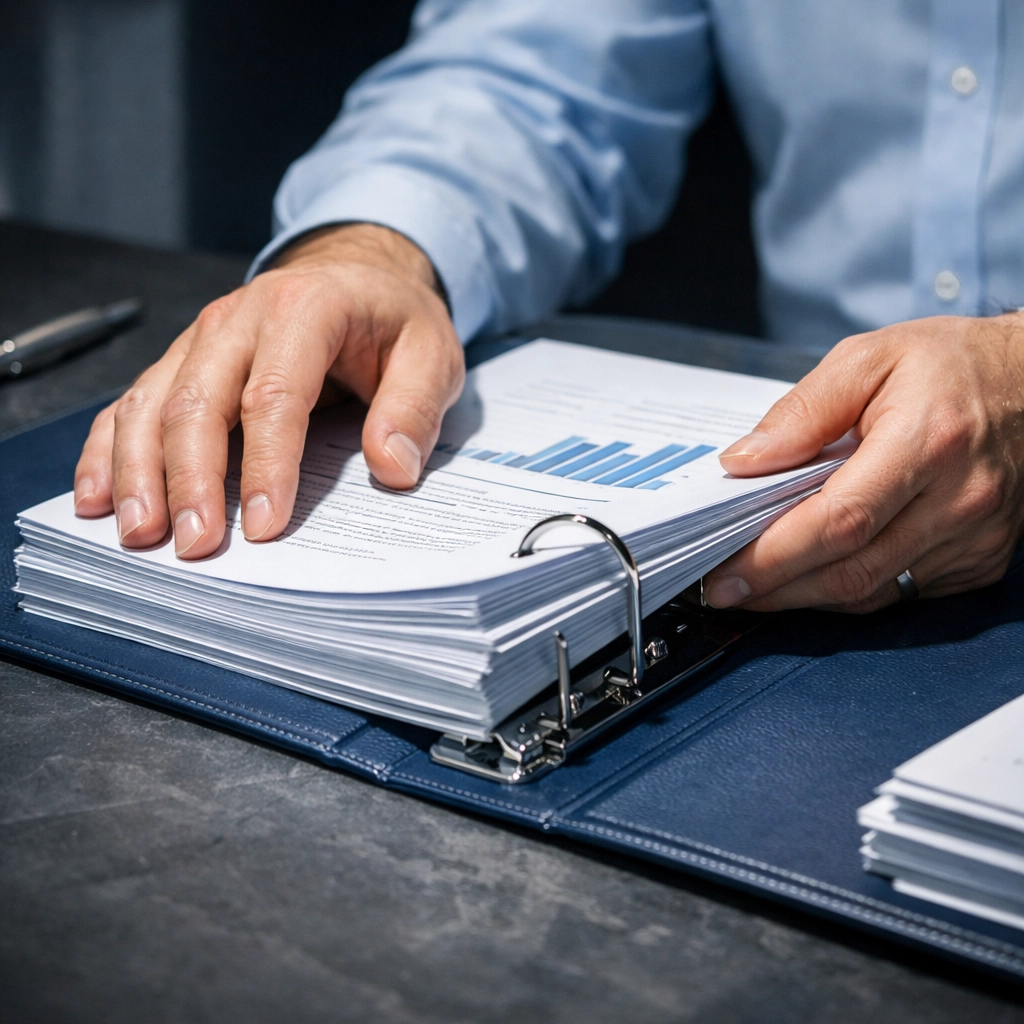 Consultant organizing professional documentation to prepare an Alabama business for a successful sale.