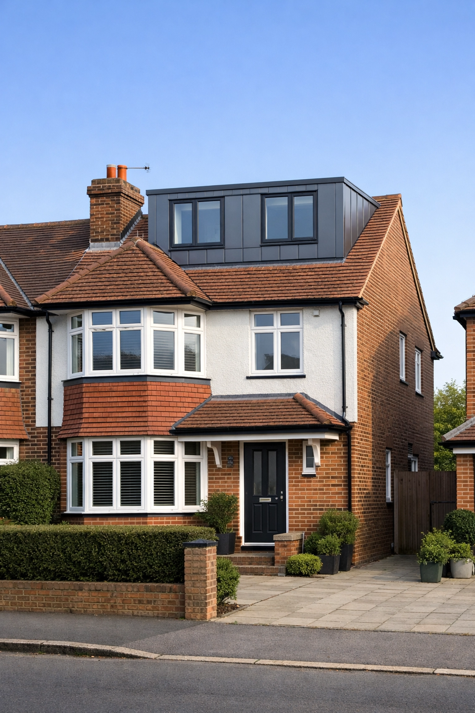 High-spec zinc dormer loft conversion on a semi-detached house in Surrey designed by architects.